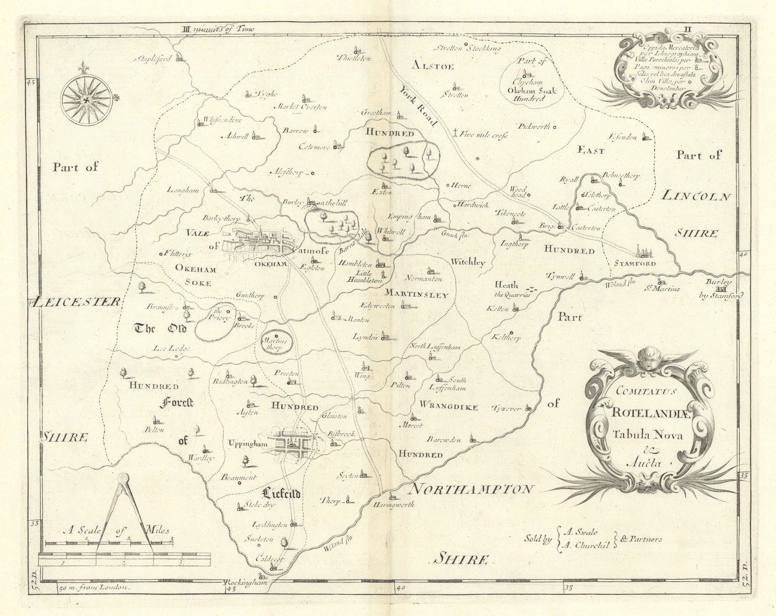Rutland. 'COMITATUS ROTELANDIAE' by ROBERT MORDEN. Uppingham & Oakham 1722 map